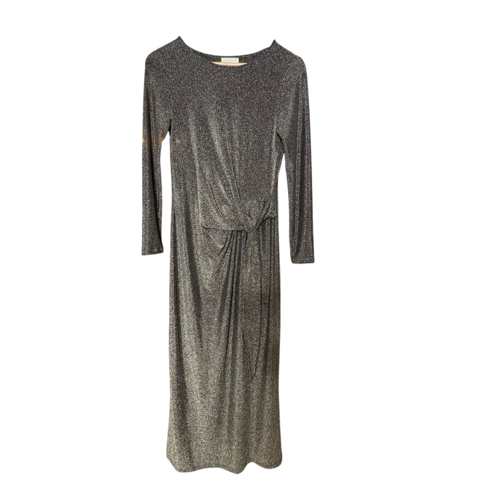 SÉZANE Gold Metallic Long Sleeve Tie Knot Detail Lightweight Maxi Dress  M